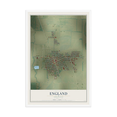 Map of England, Arkansas, 12 x 18 inch print in a white wood frame