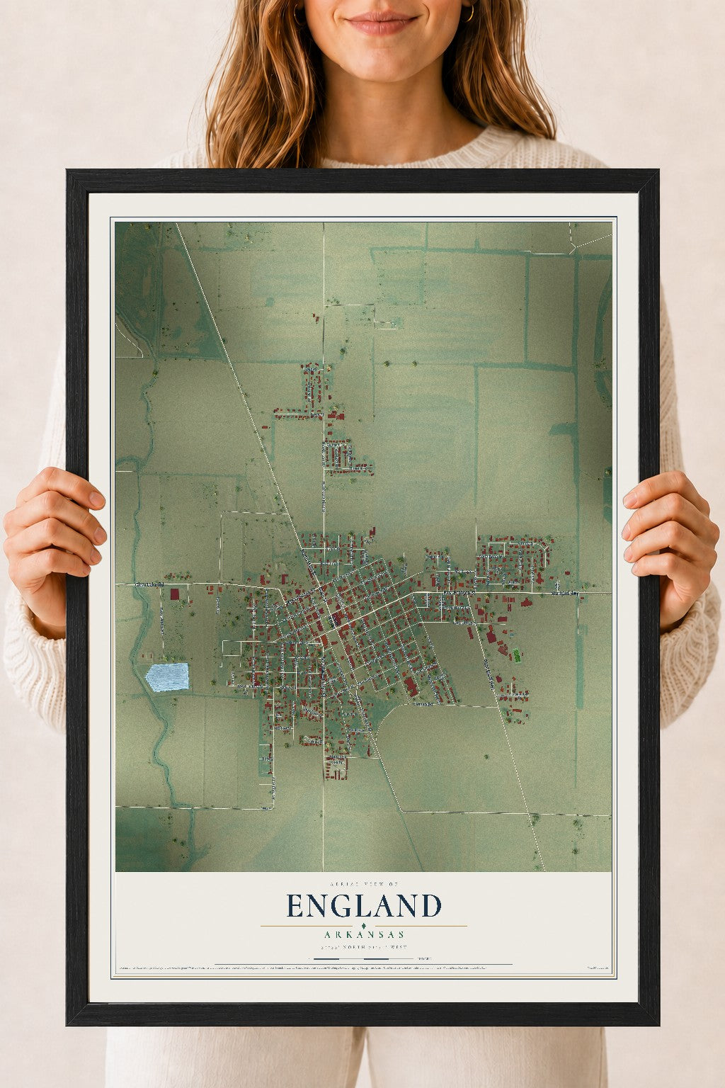 Map of England, Arkansas, 18 x 24 inch print in a black wood frame