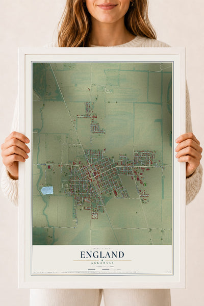 Map of England, Arkansas, 18 x 24 inch print in a white wood frame