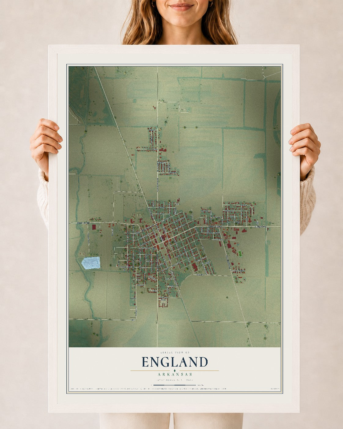 Map of England, Arkansas, 24 x 36 inch print in a white wood frame