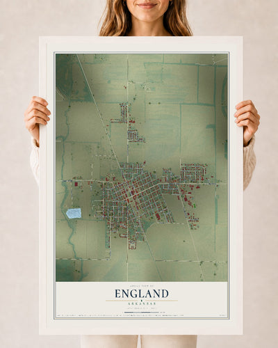 Map of England, Arkansas, 24 x 36 inch print in a white wood frame