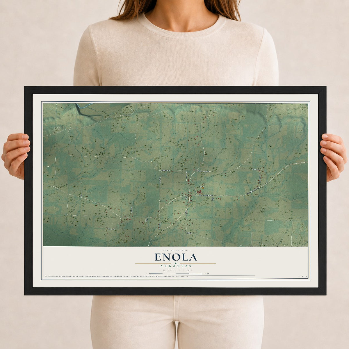 Map of Enola, Arkansas, 12 x 18 inch print in a black wood frame