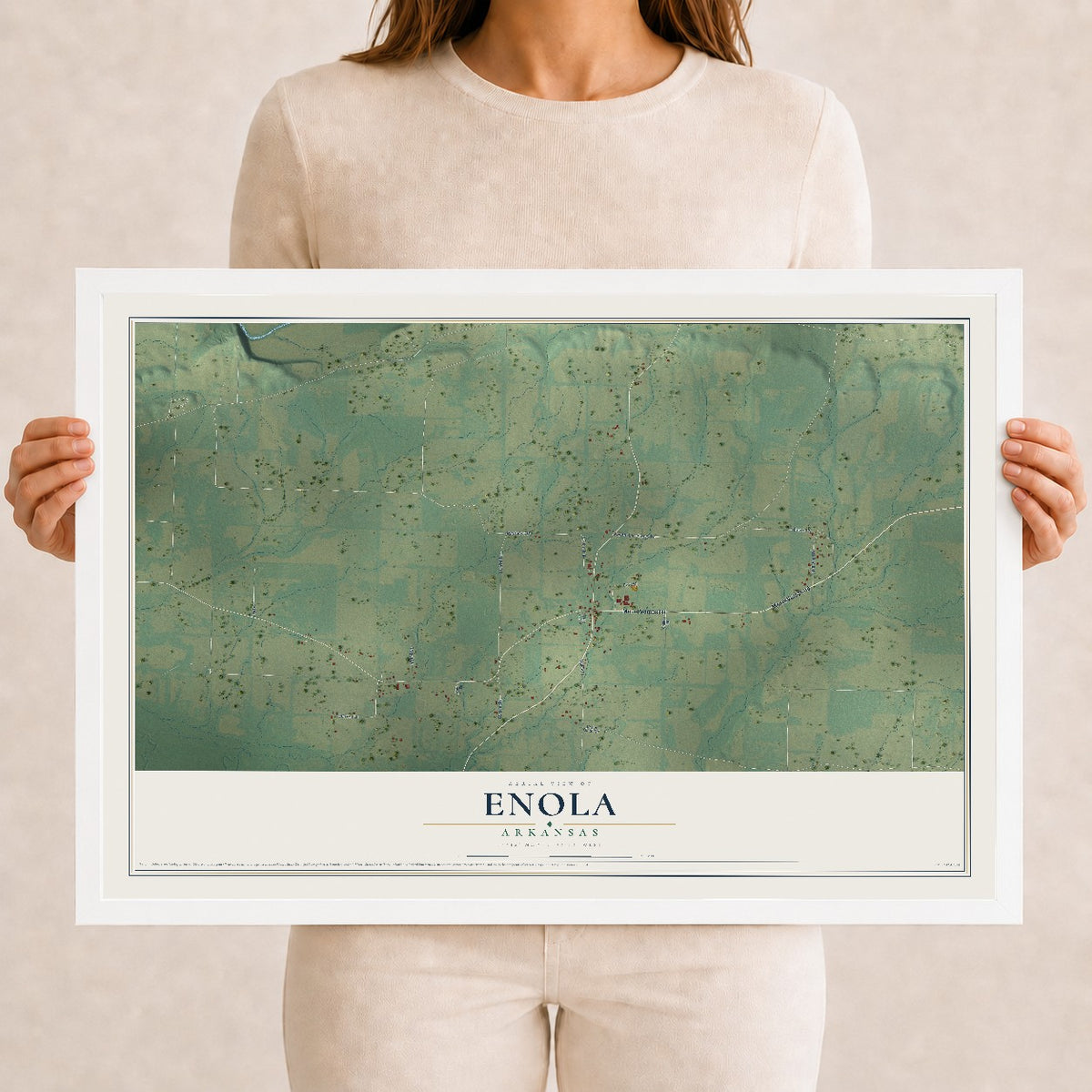 Map of Enola, Arkansas, 12 x 18 inch print in a white wood frame