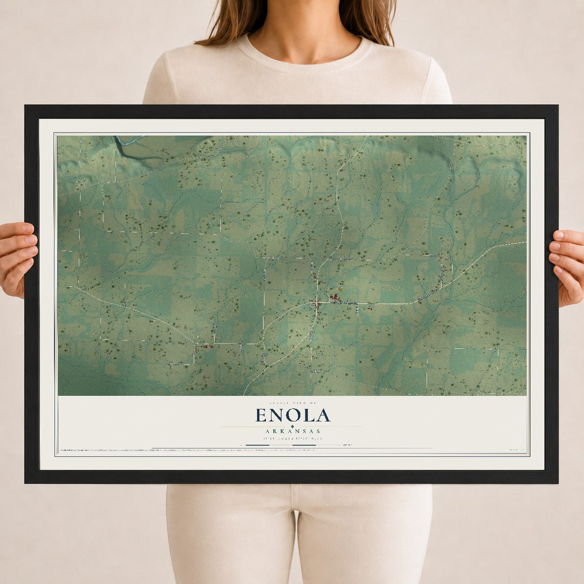 Map of Enola, Arkansas, 18 x 24 inch print in a black wood frame
