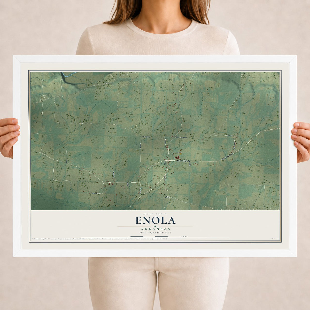 Map of Enola, Arkansas, 18 x 24 inch print in a white wood frame