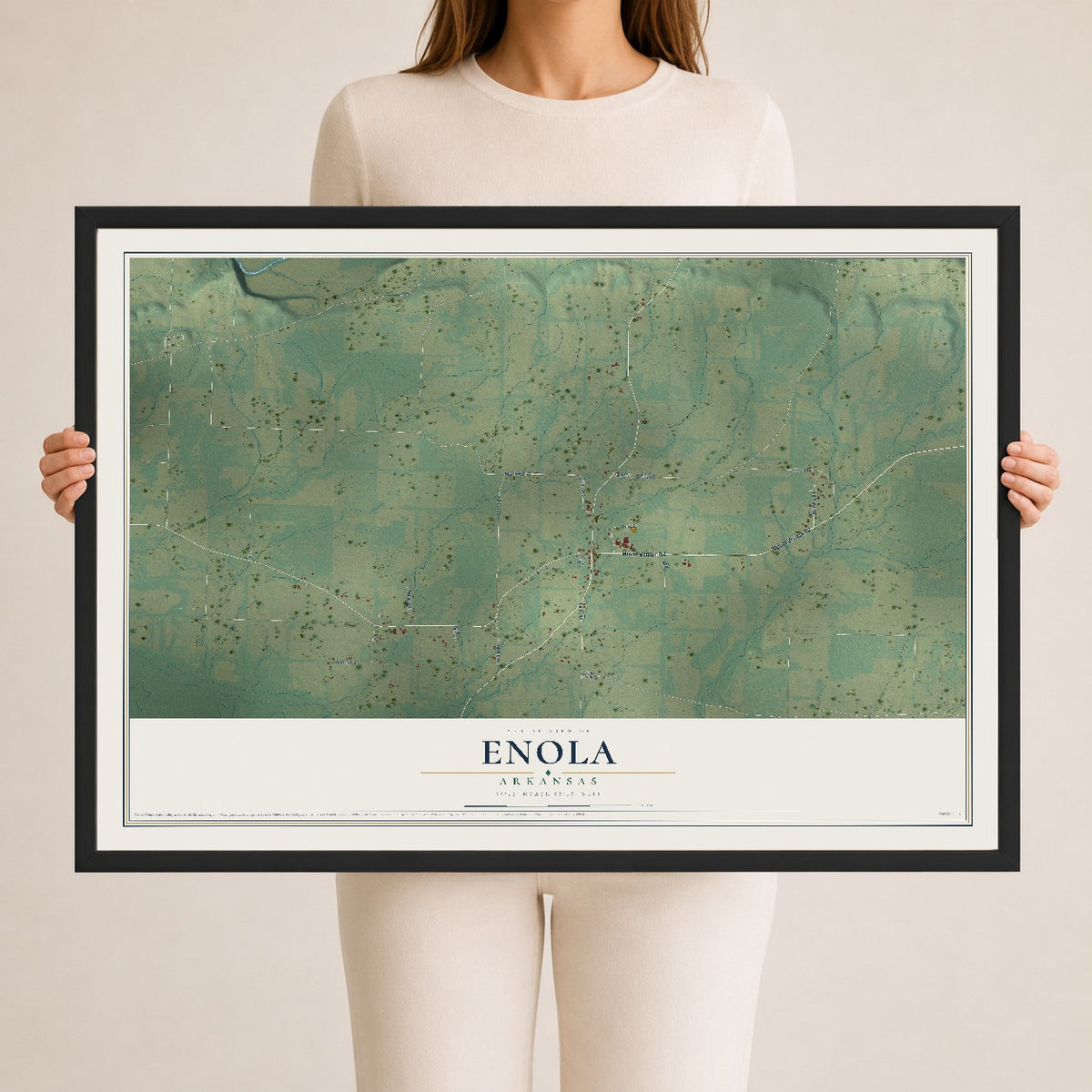Map of Enola, Arkansas, 24 x 36 inch print in a black wood frame