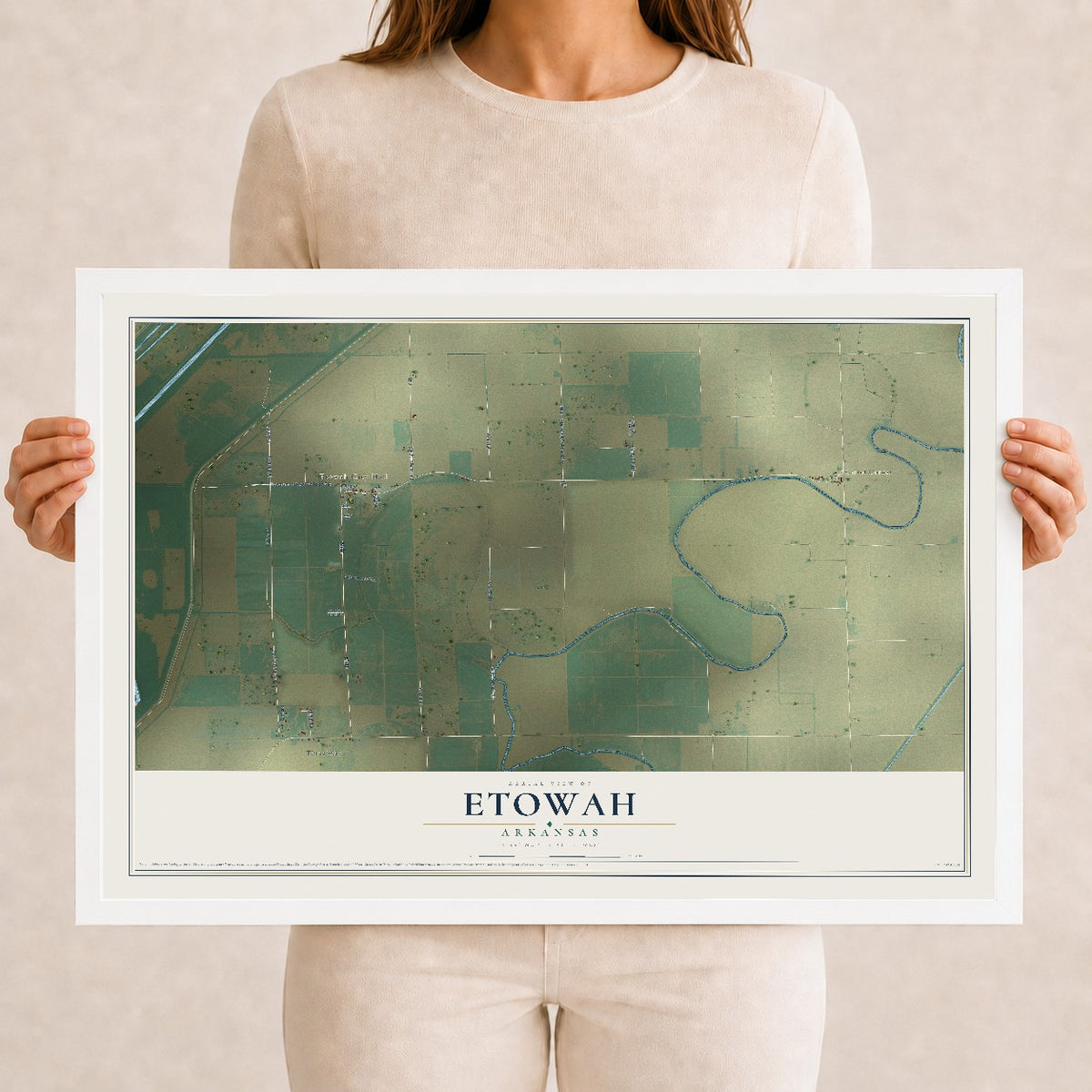 Map of Etowah, Arkansas, 12 x 18 inch print in a white wood frame