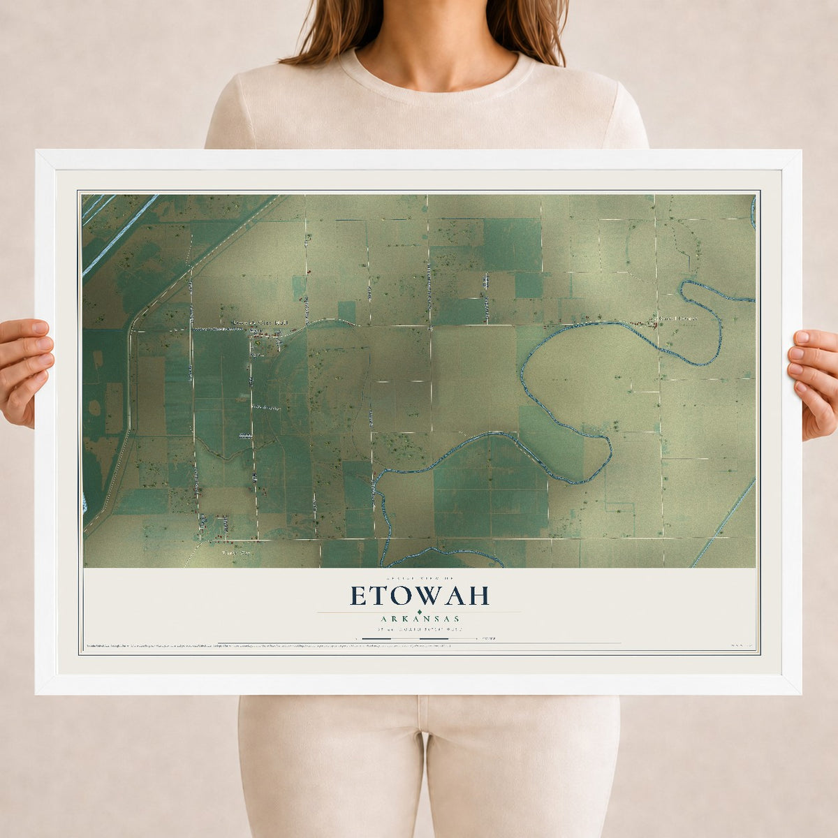 Map of Etowah, Arkansas, 18 x 24 inch print in a white wood frame