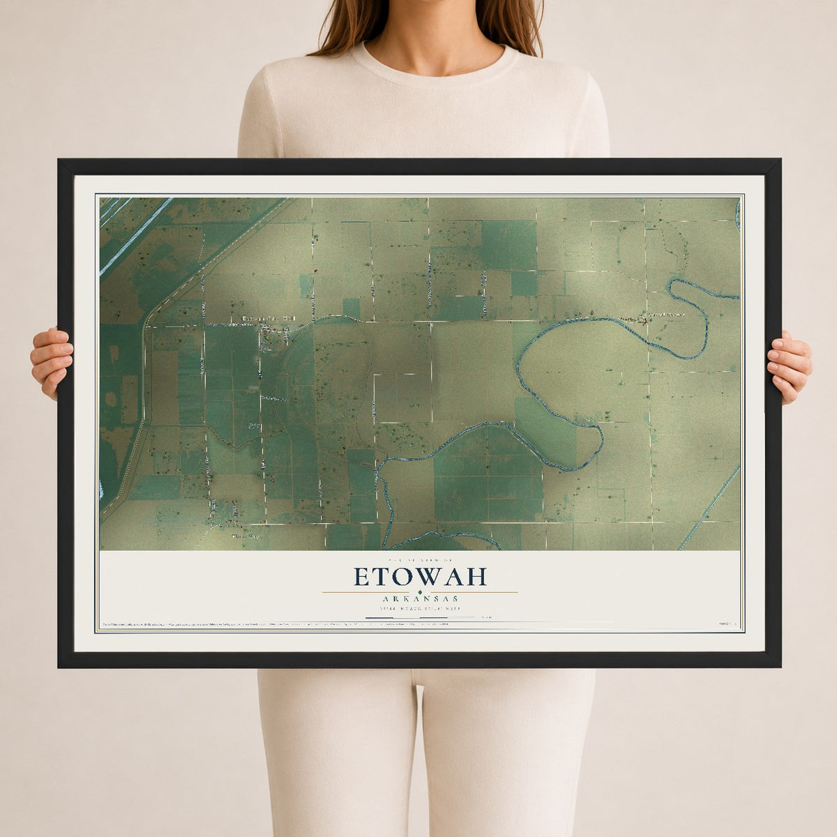 Map of Etowah, Arkansas, 24 x 36 inch print in a black wood frame