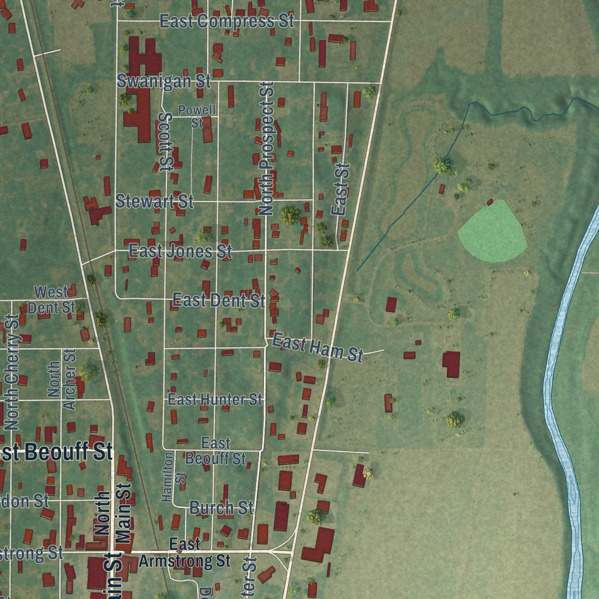 Close-up of the map of Eudora, Arkansas print showing street and building detail