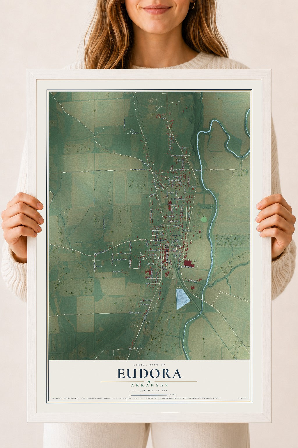 Map of Eudora, Arkansas, 18 x 24 inch print in a white wood frame