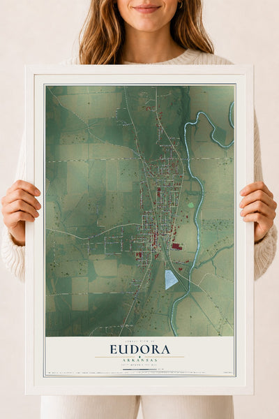 Map of Eudora, Arkansas, 18 x 24 inch print in a white wood frame