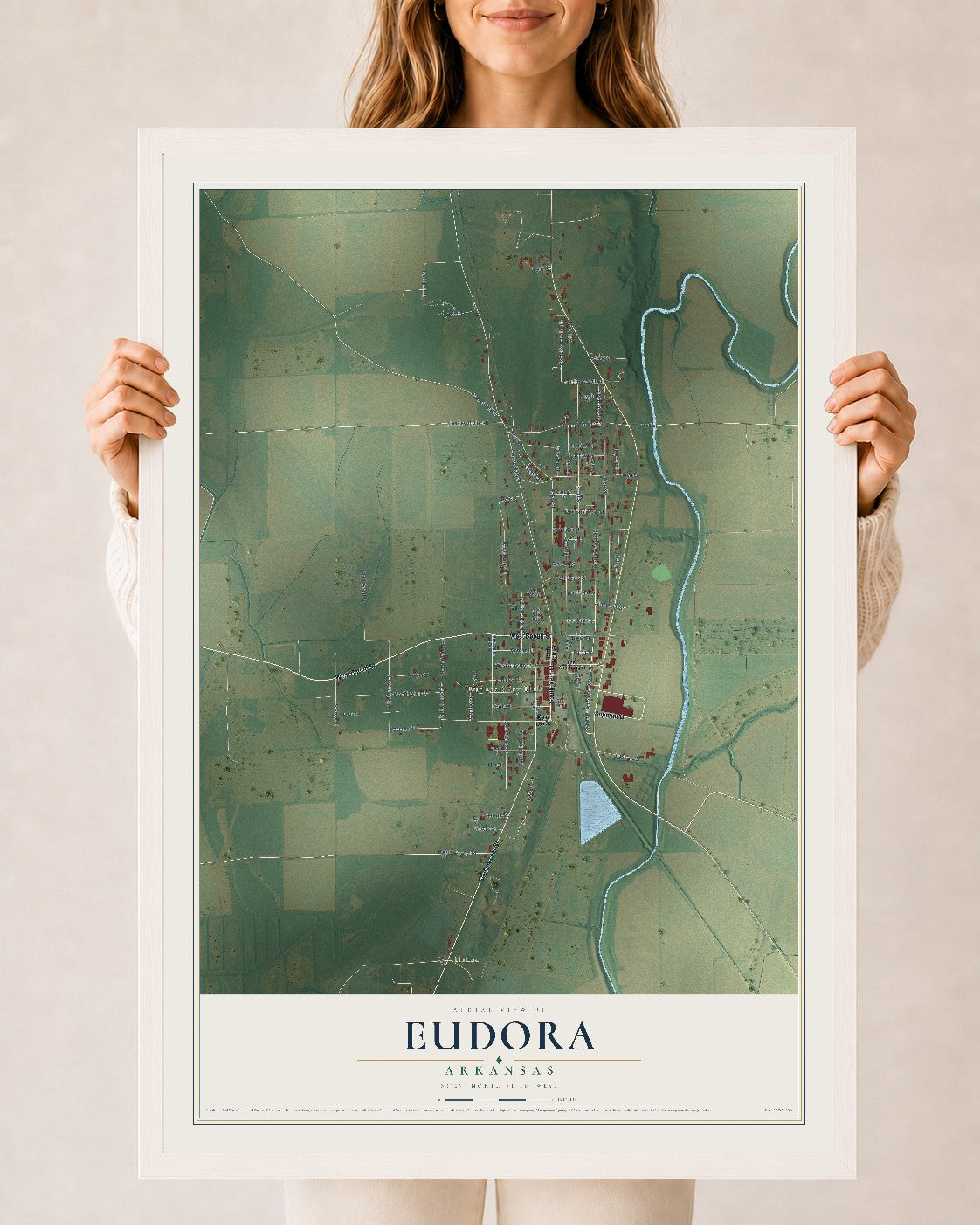 Map of Eudora, Arkansas, 24 x 36 inch print in a white wood frame