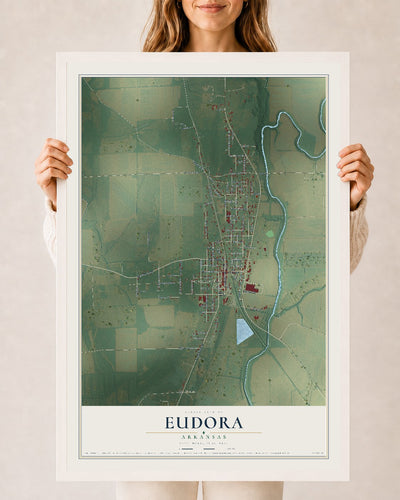 Map of Eudora, Arkansas, 24 x 36 inch print in a white wood frame