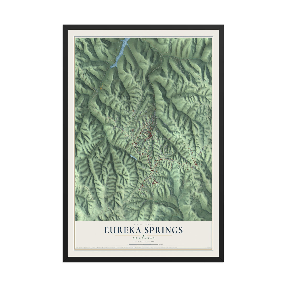 Map of Eureka Springs, Arkansas, 12 x 18 inch print in a black wood frame