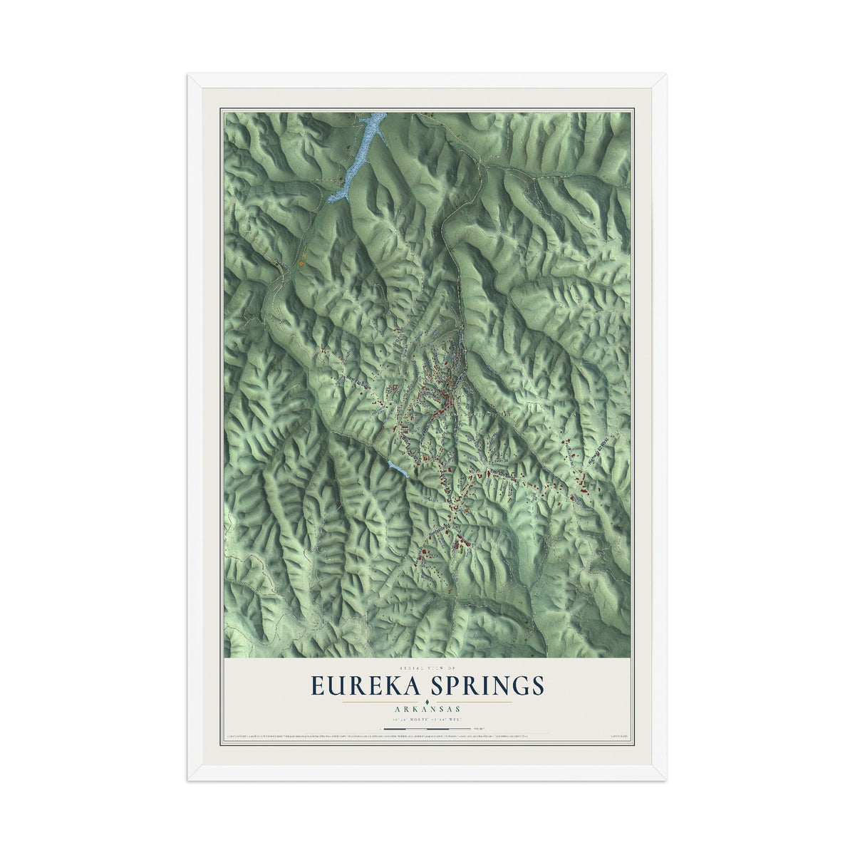 Map of Eureka Springs, Arkansas, 12 x 18 inch print in a white wood frame