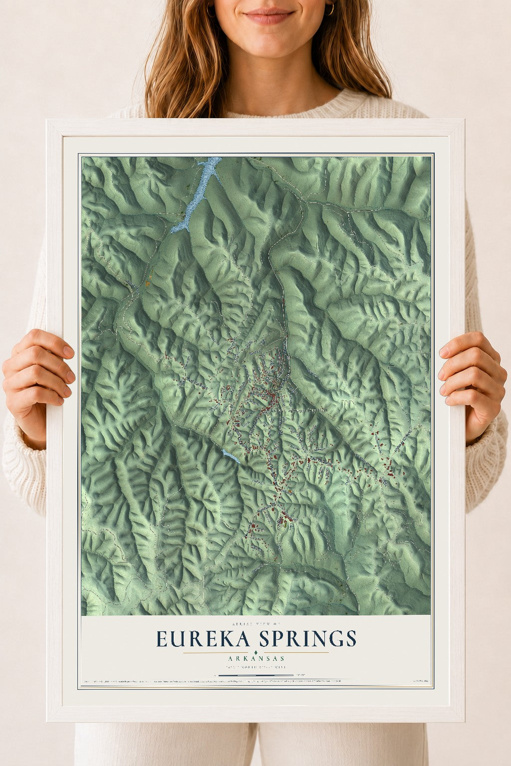 Map of Eureka Springs, Arkansas, 18 x 24 inch print in a white wood frame