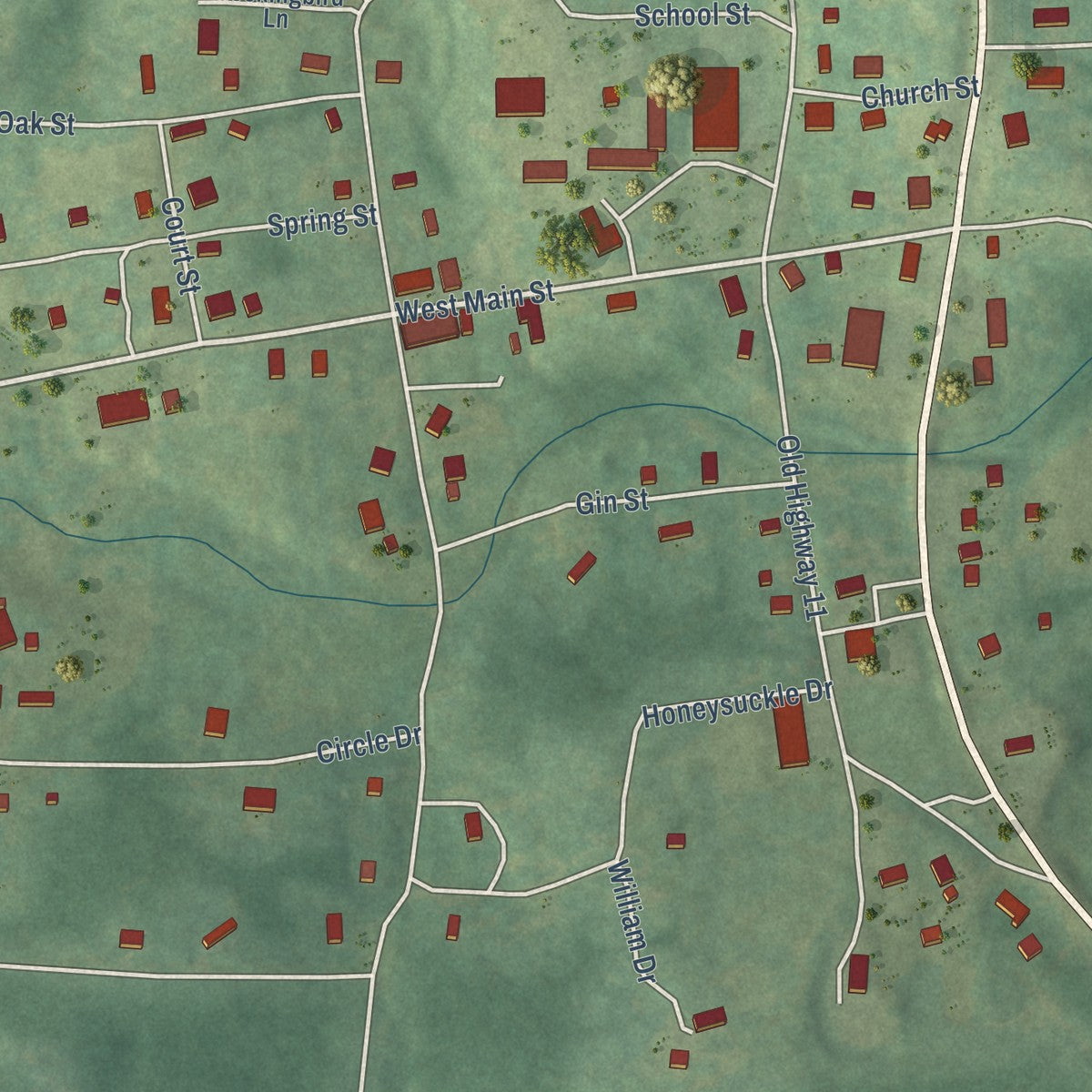 Close-up of the map of Evening Shade, Arkansas print showing street and building detail
