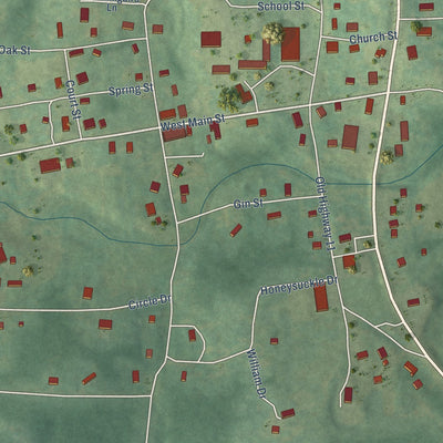 Close-up of the map of Evening Shade, Arkansas print showing street and building detail