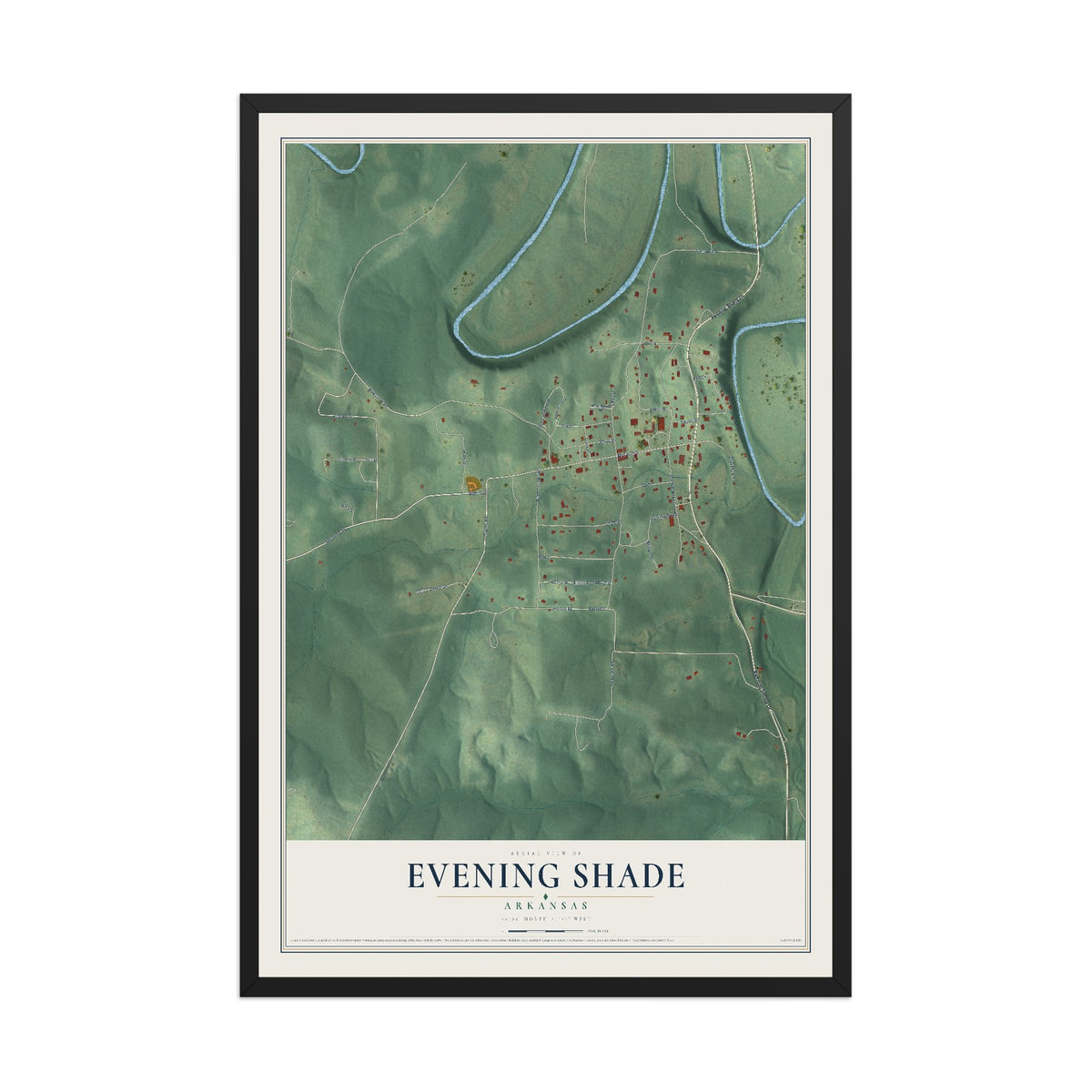 Map of Evening Shade, Arkansas, 12 x 18 inch print in a black wood frame