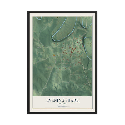 Map of Evening Shade, Arkansas, 12 x 18 inch print in a black wood frame