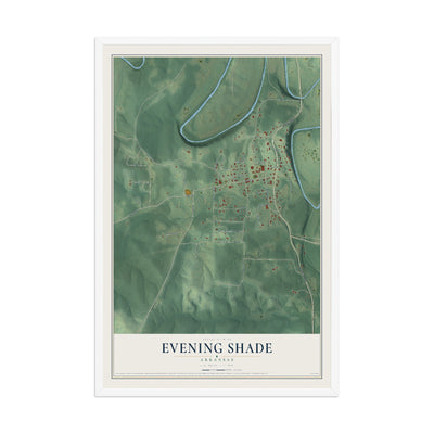 Map of Evening Shade, Arkansas, 12 x 18 inch print in a white wood frame