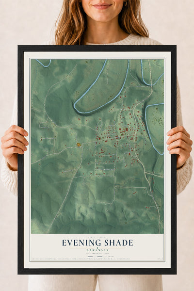 Map of Evening Shade, Arkansas, 18 x 24 inch print in a black wood frame