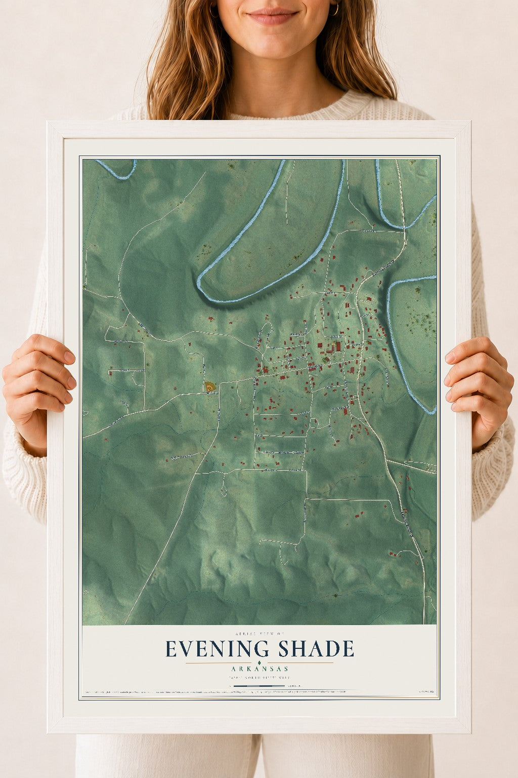 Map of Evening Shade, Arkansas, 18 x 24 inch print in a white wood frame