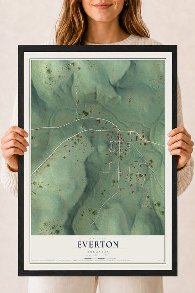Map of Everton, Arkansas, 18 x 24 inch print in a black wood frame