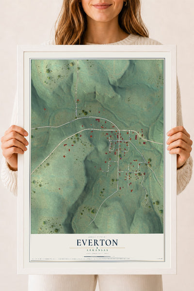 Map of Everton, Arkansas, 18 x 24 inch print in a white wood frame