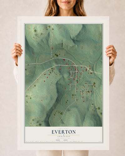Map of Everton, Arkansas, 24 x 36 inch print in a white wood frame