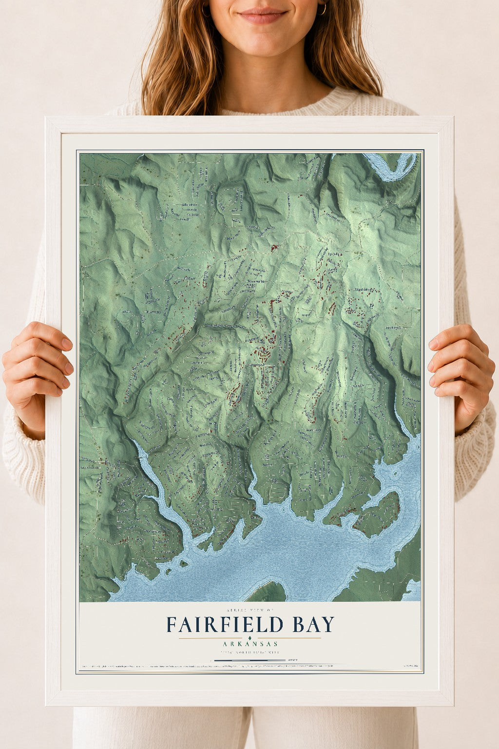 Map of Fairfield Bay, Arkansas, 18 x 24 inch print in a white wood frame