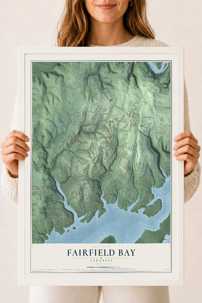 Map of Fairfield Bay, Arkansas, 18 x 24 inch print in a white wood frame