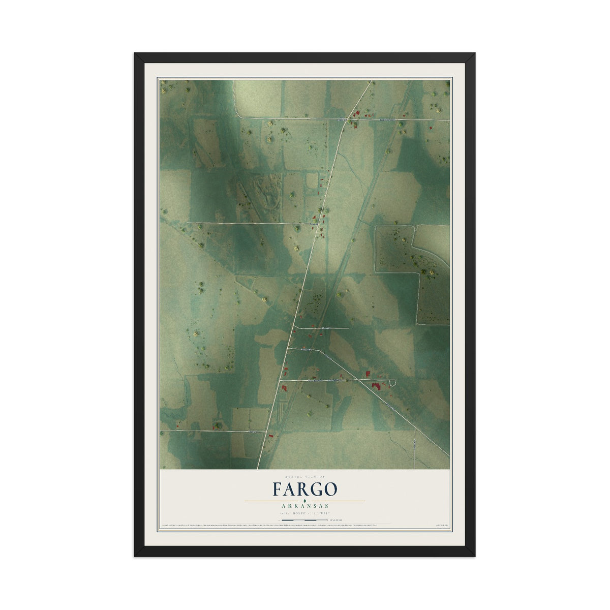 Map of Fargo, Arkansas, 12 x 18 inch print in a black wood frame