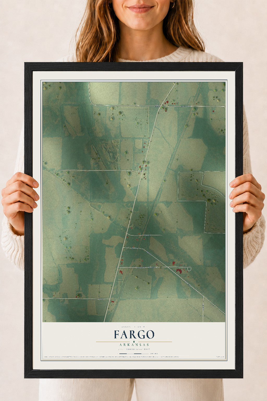 Map of Fargo, Arkansas, 18 x 24 inch print in a black wood frame