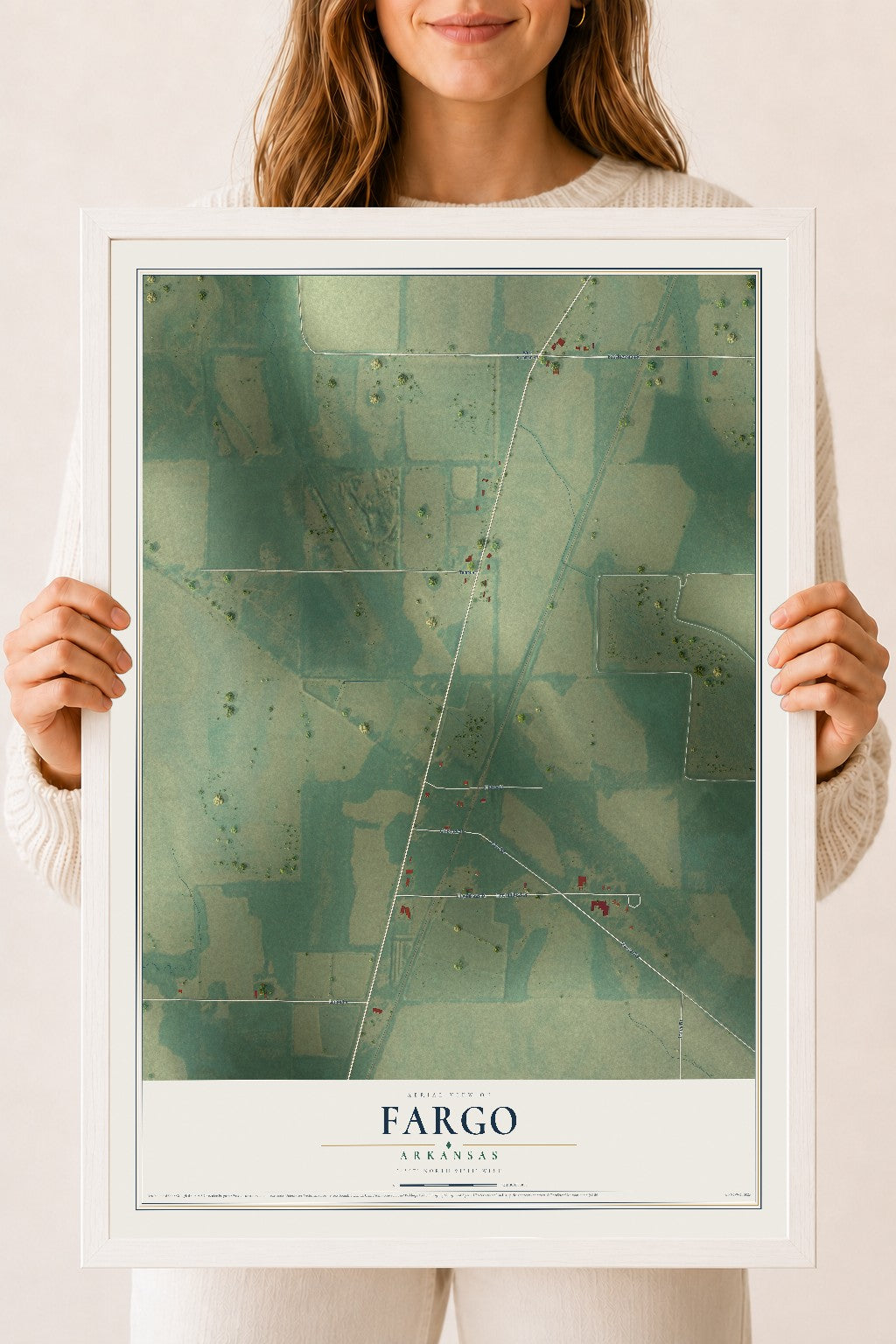 Map of Fargo, Arkansas, 18 x 24 inch print in a white wood frame
