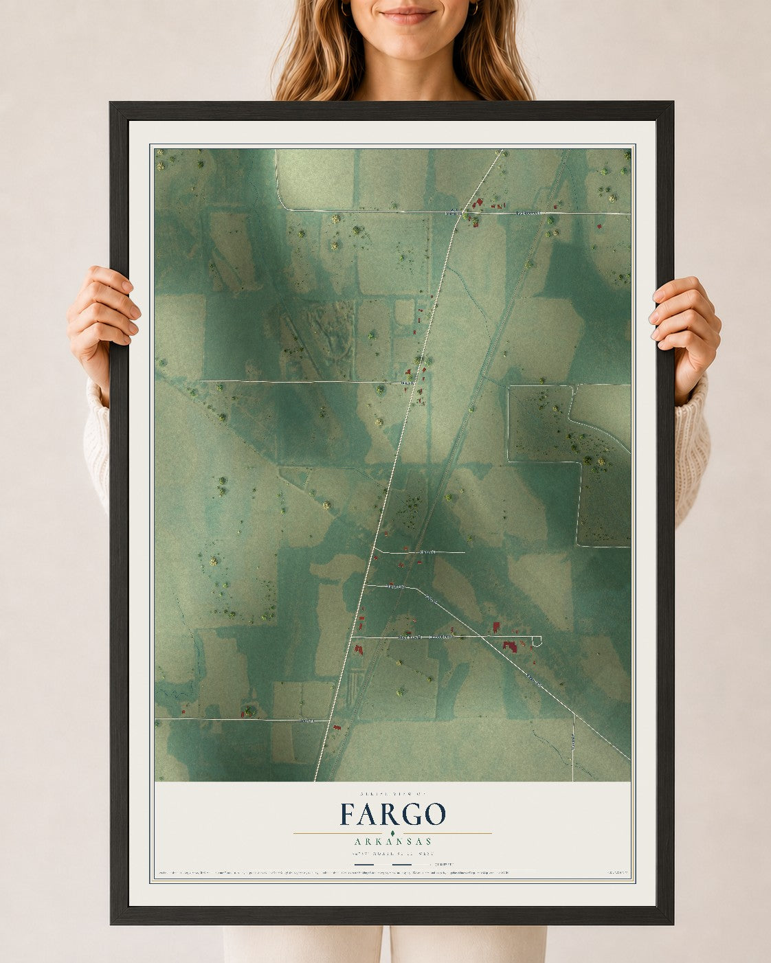 Map of Fargo, Arkansas, 24 x 36 inch print in a black wood frame