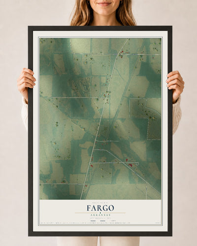 Map of Fargo, Arkansas, 24 x 36 inch print in a black wood frame