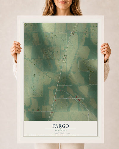 Map of Fargo, Arkansas, 24 x 36 inch print in a white wood frame