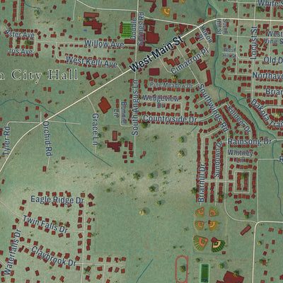 Close-up of the map of Farmington, Arkansas print showing street and building detail