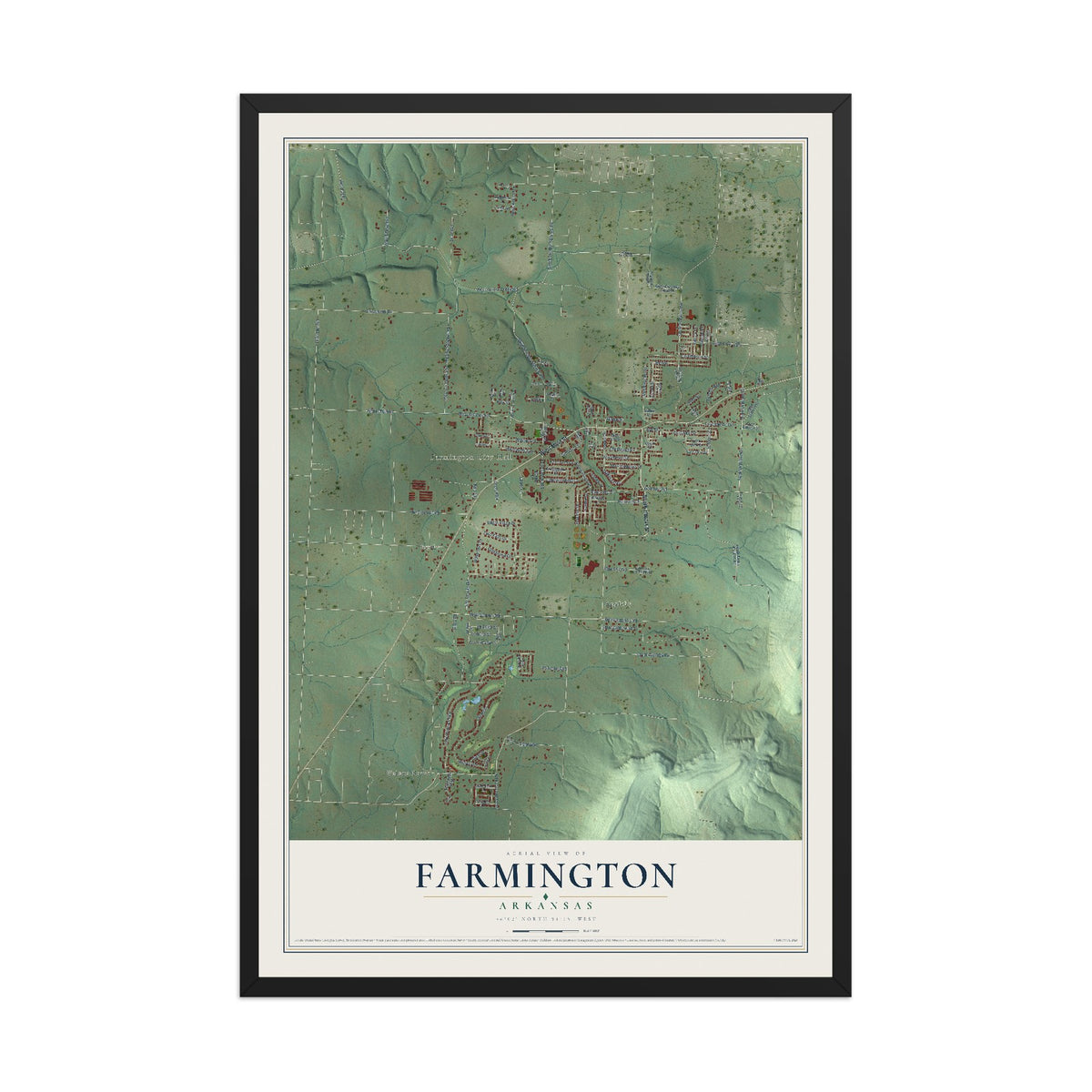 Map of Farmington, Arkansas, 12 x 18 inch print in a black wood frame