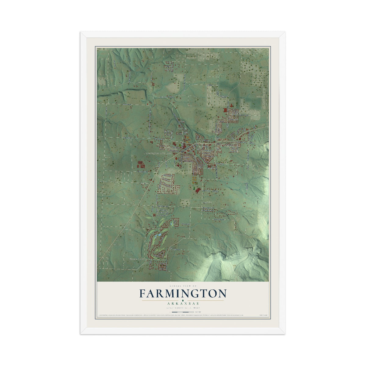 Map of Farmington, Arkansas, 12 x 18 inch print in a white wood frame