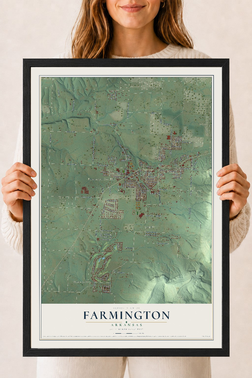 Map of Farmington, Arkansas, 18 x 24 inch print in a black wood frame