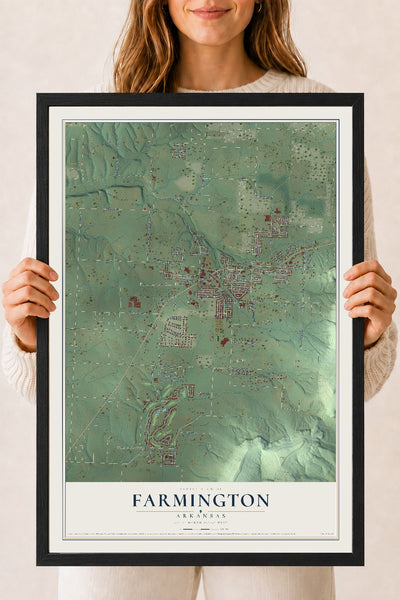 Map of Farmington, Arkansas, 18 x 24 inch print in a black wood frame