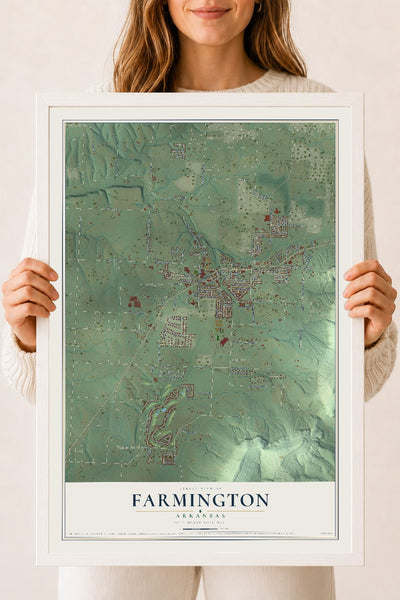 Map of Farmington, Arkansas, 18 x 24 inch print in a white wood frame