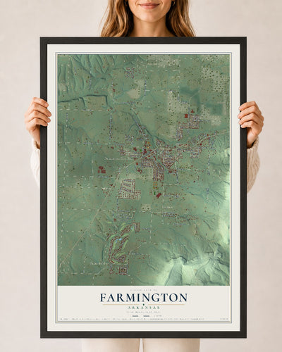 Map of Farmington, Arkansas, 24 x 36 inch print in a black wood frame