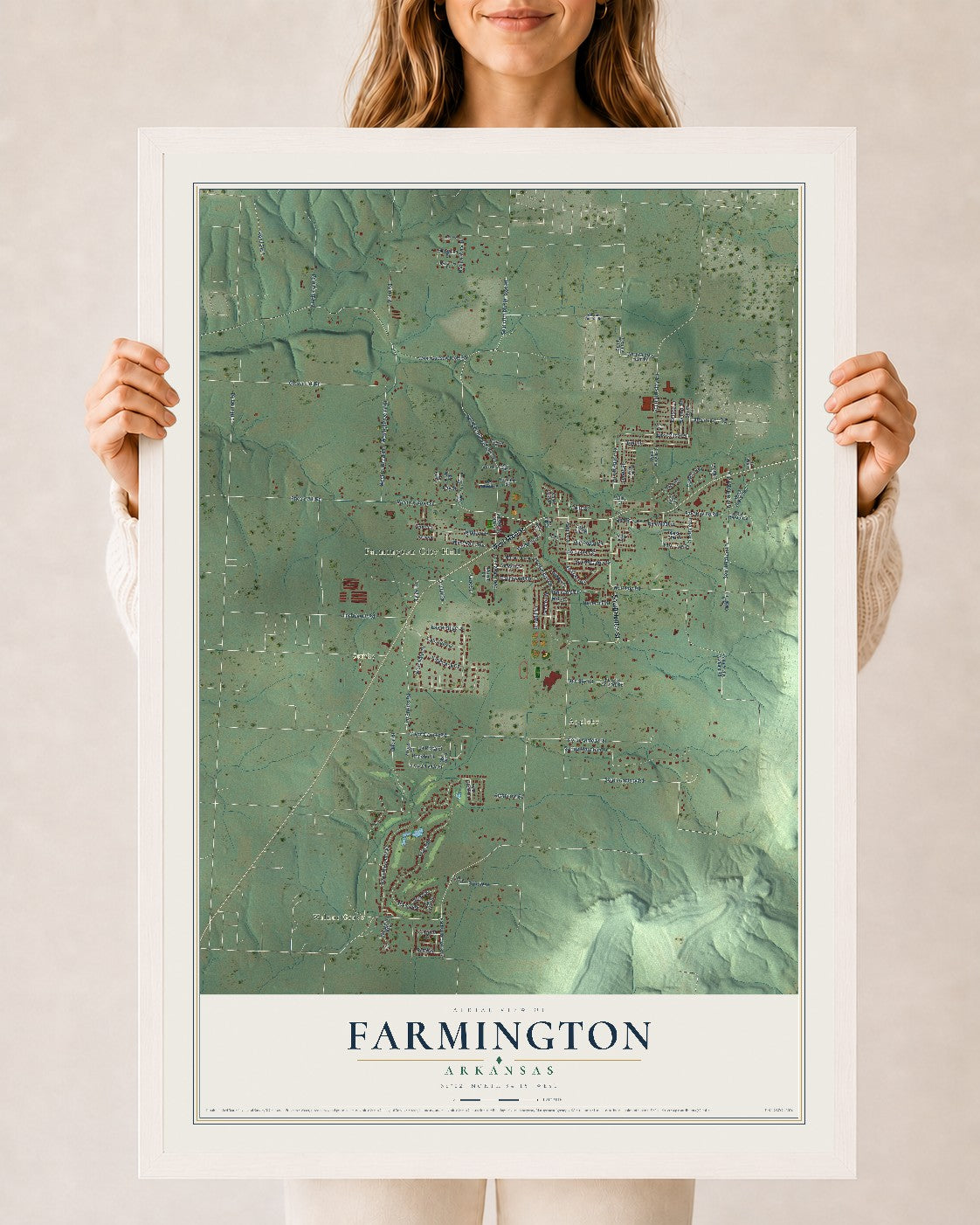 Map of Farmington, Arkansas, 24 x 36 inch print in a white wood frame