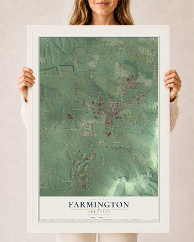 Map of Farmington, Arkansas, 24 x 36 inch print in a white wood frame