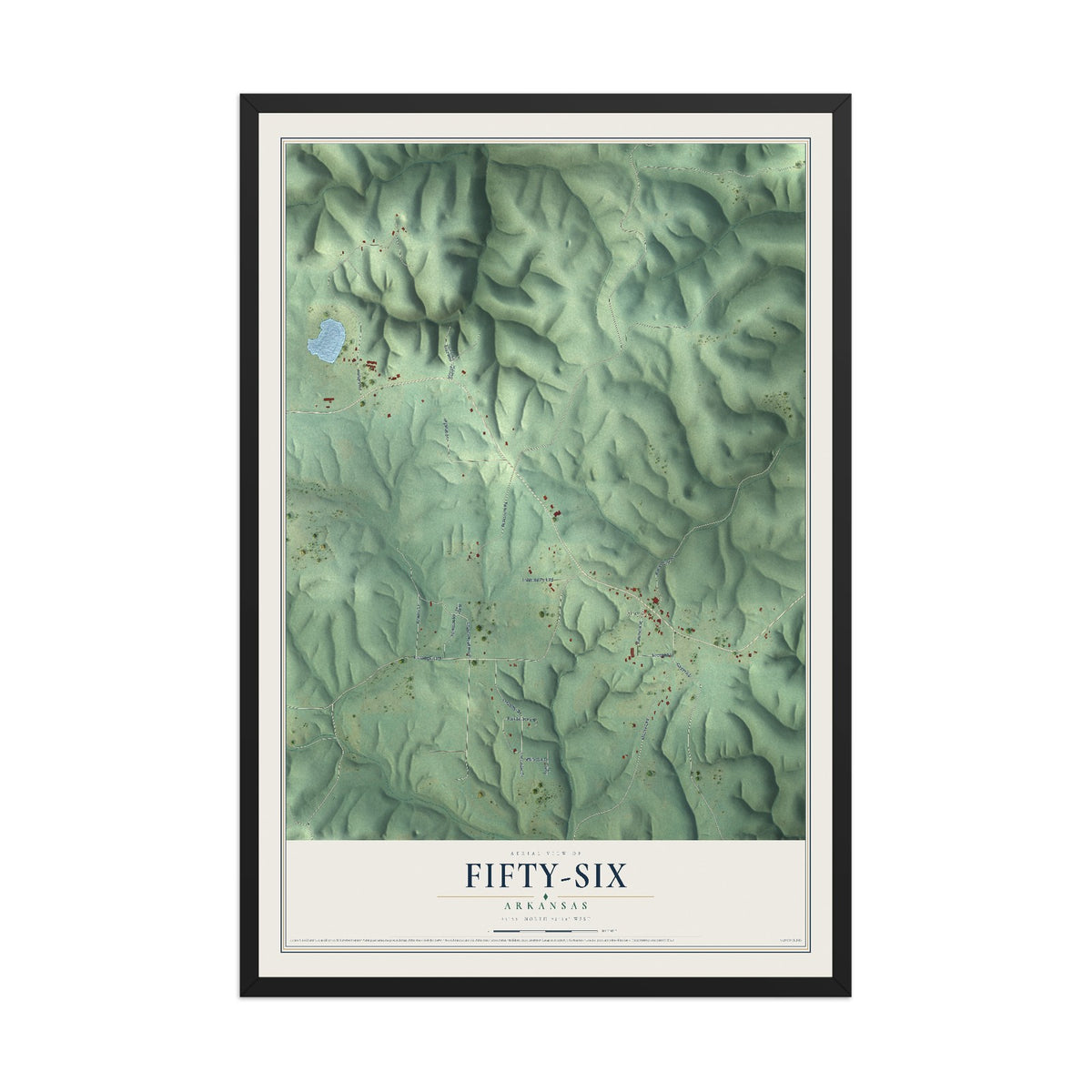 Map of Fifty-Six, Arkansas, 12 x 18 inch print in a black wood frame