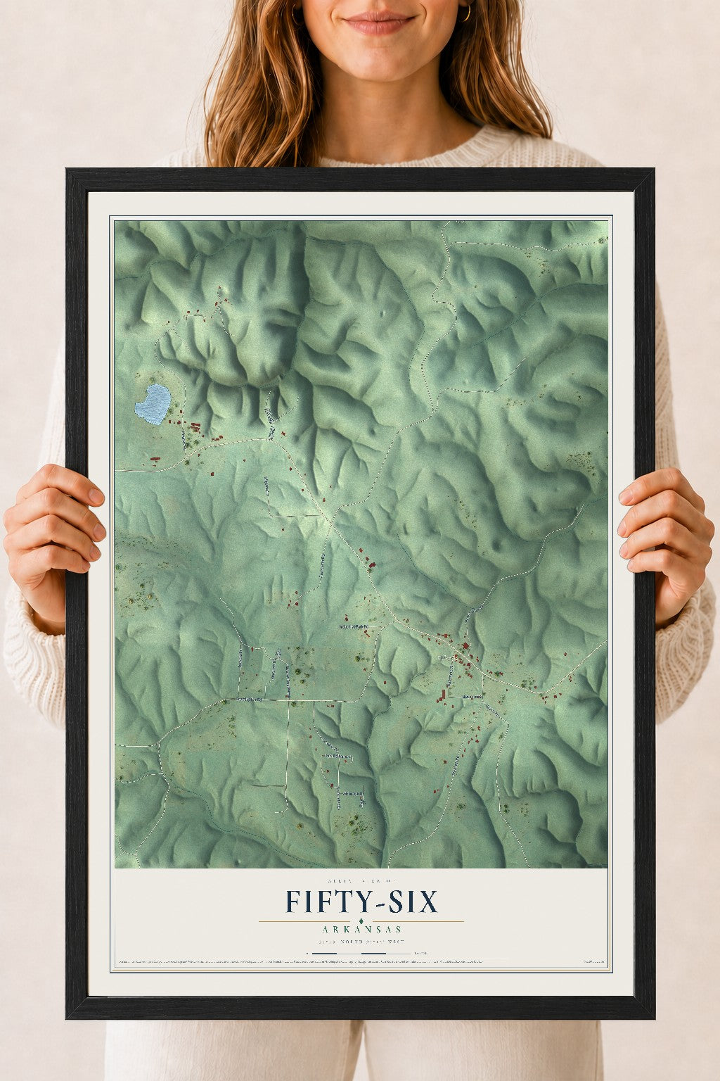 Map of Fifty-Six, Arkansas, 18 x 24 inch print in a black wood frame